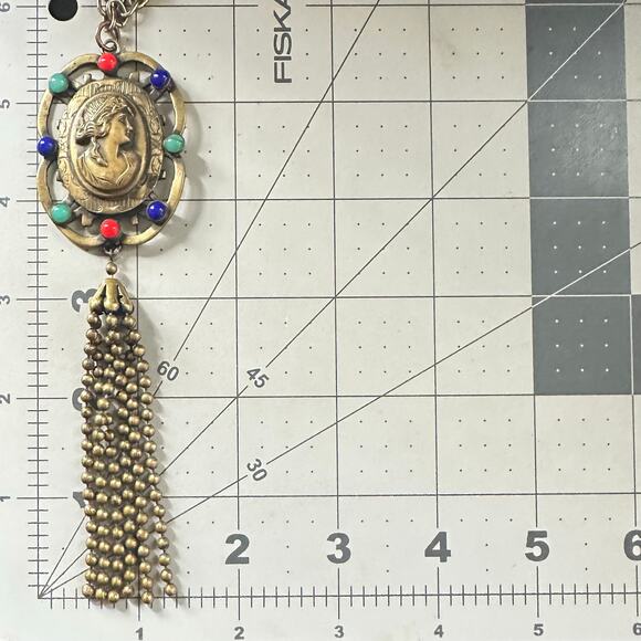 Antique Art Deco 1920s brass multicolor glass cameo tassel pendant necklace - Picture 10 of 10